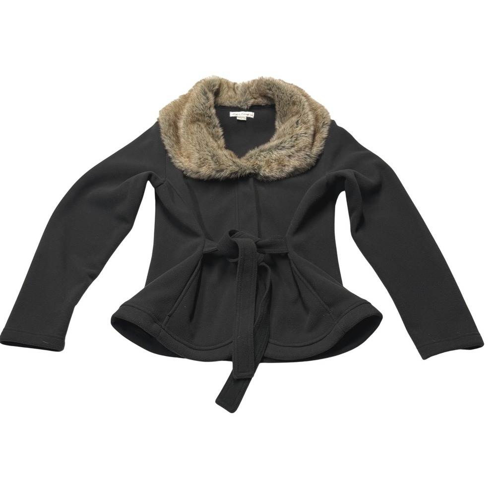 Marisa Christina Fleece Wrap Tie Jacket Womens L Gray Faux Fur Collar Belted Y2K